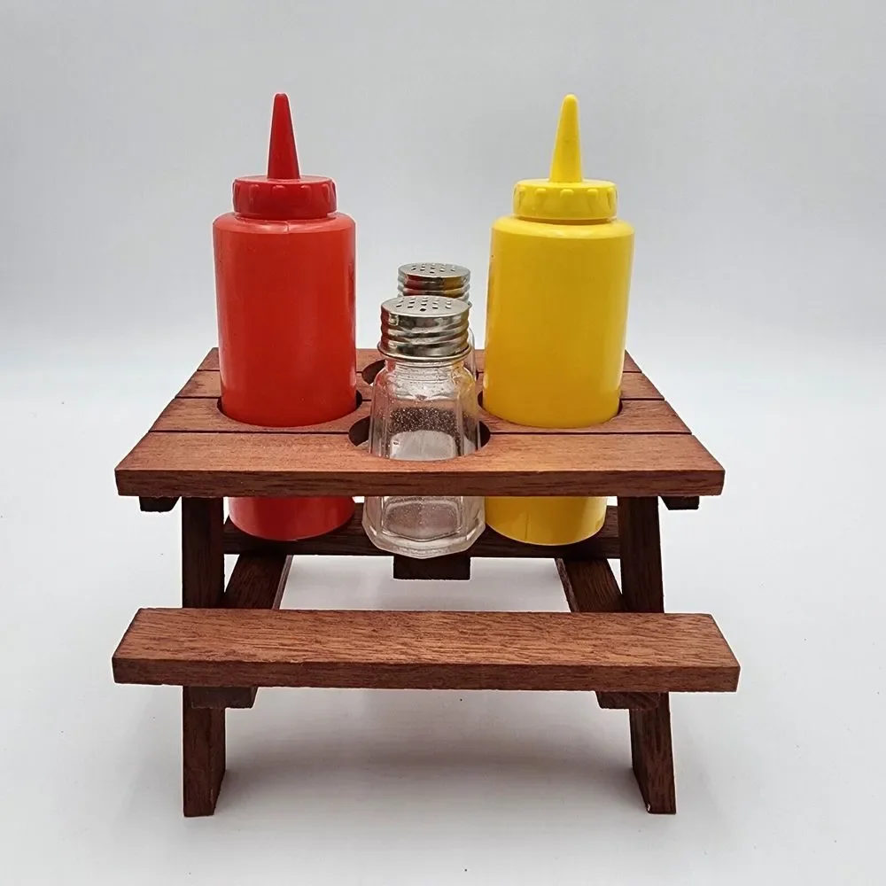 Redwood Picnic Table Condiment Set Salt Pepper Ketchup Mustard‎ Vintage READ